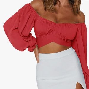 Off Shoulder Long Sleeve - Self Tie Knot Crop Top Blouse XL Red